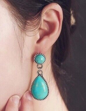 Bohemian style turquoise teardrop shaped earrings Women Boho Hoop Stone New